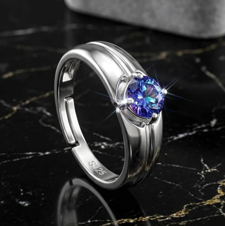 925 Sterling Silver Blue Sapphire Solitaire Adjustable Ring Men's Ring