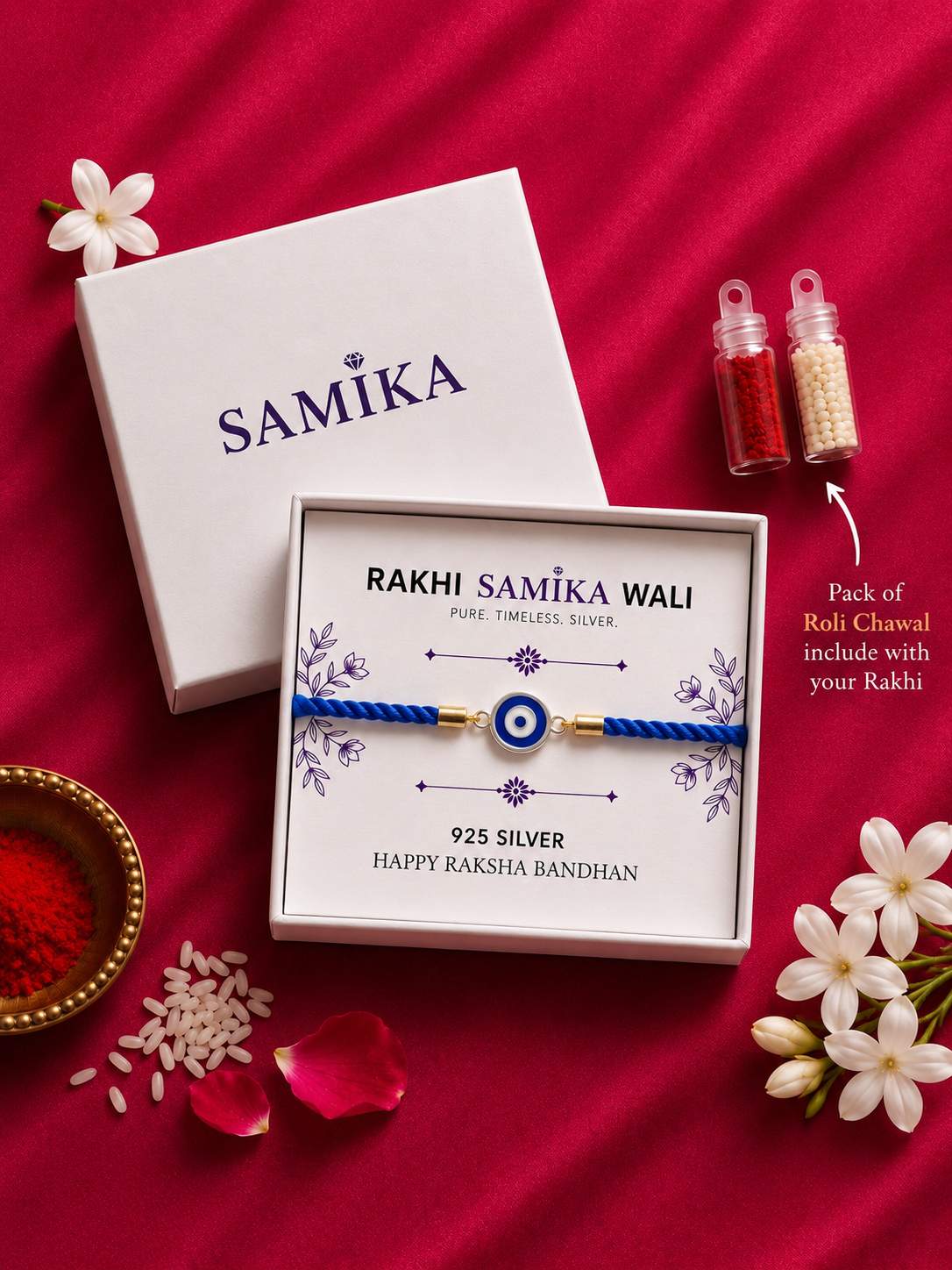 925 Sterling Silver Evil Eye Rakhi With Roli-Chawal Set