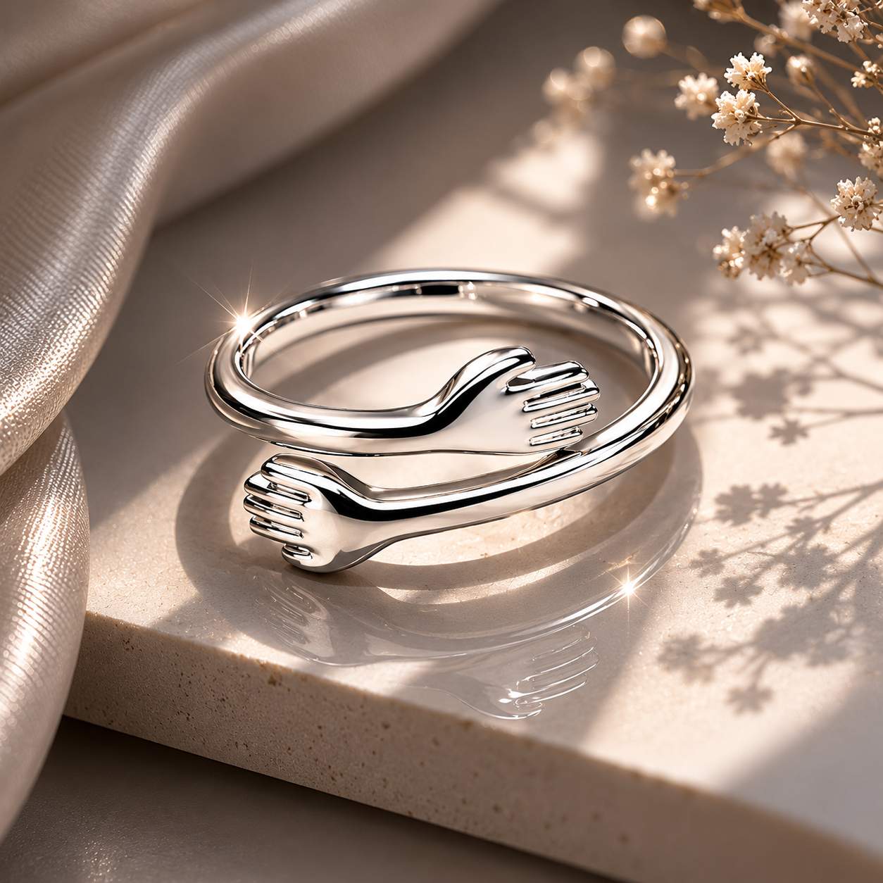 925 Sterling Silver Hug Hands Adjustable Ring