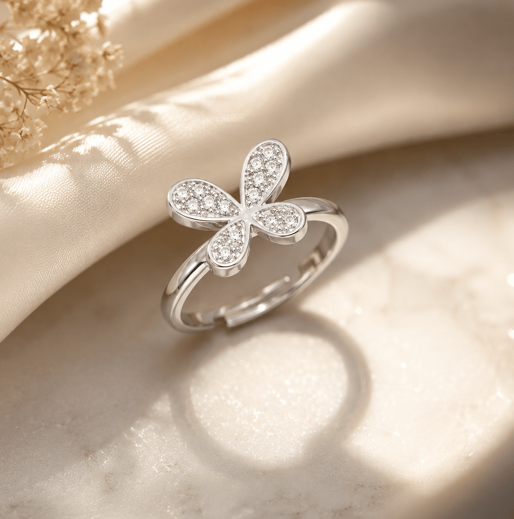 925 Sterling Silver Floral Butterfly Cz Adjustable Ring