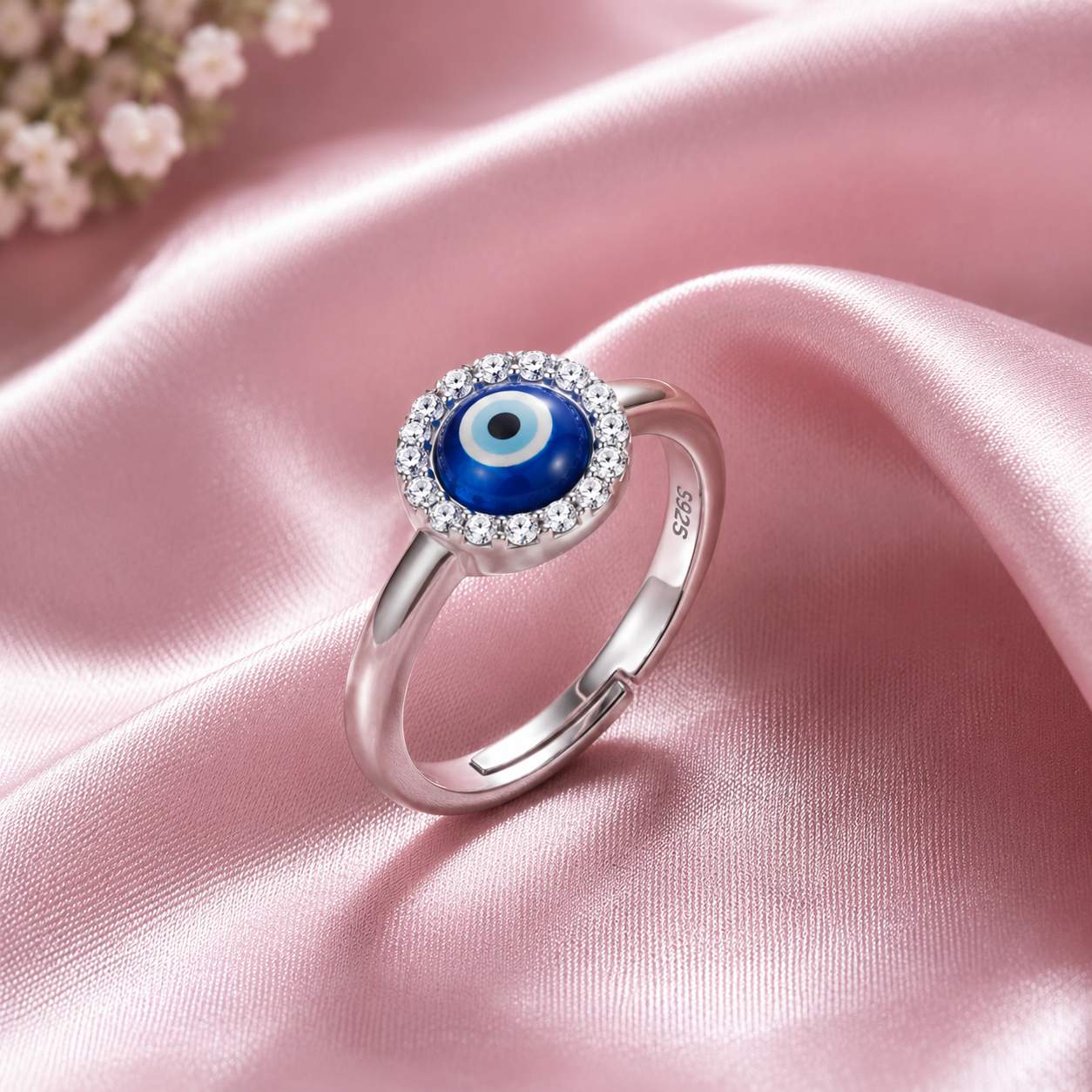 925 Sterling Silver Evil Eye Cz Adjustable Ring