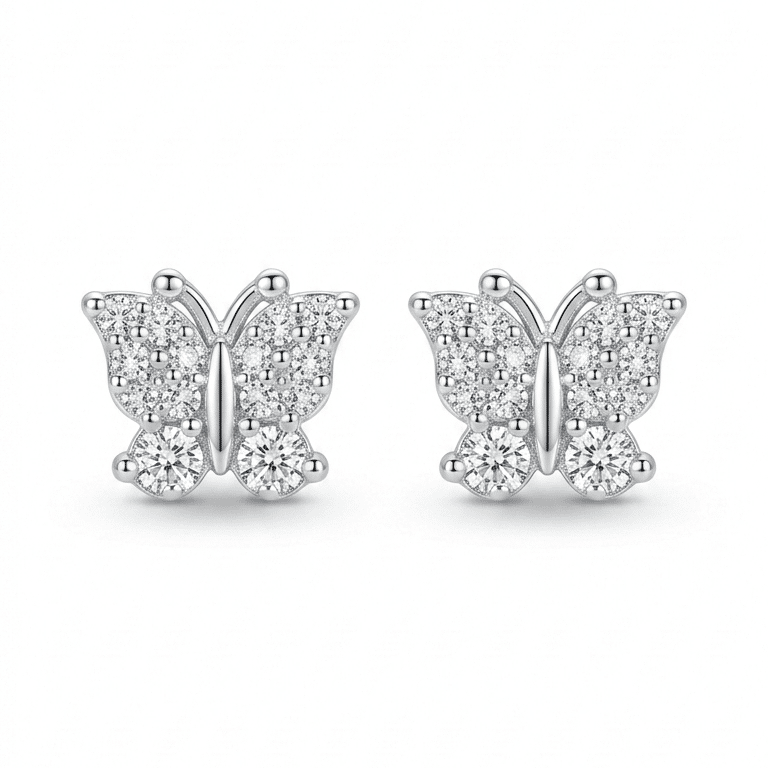 925 Sterling Silver Finish Crystal Mini-Butterfly Stud Earring