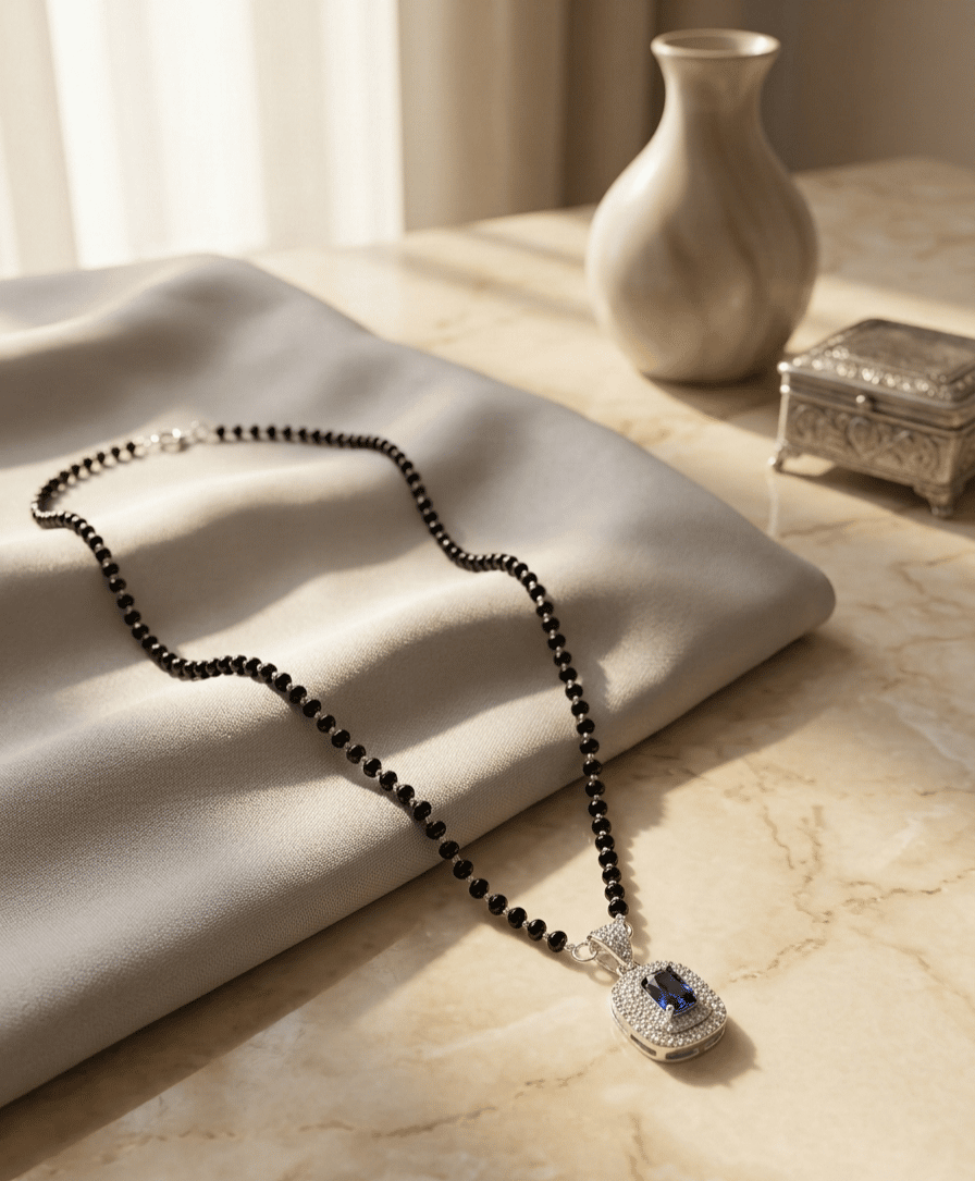 925 Sterling Silver Blue Sapphire Octagon Mangalsutra