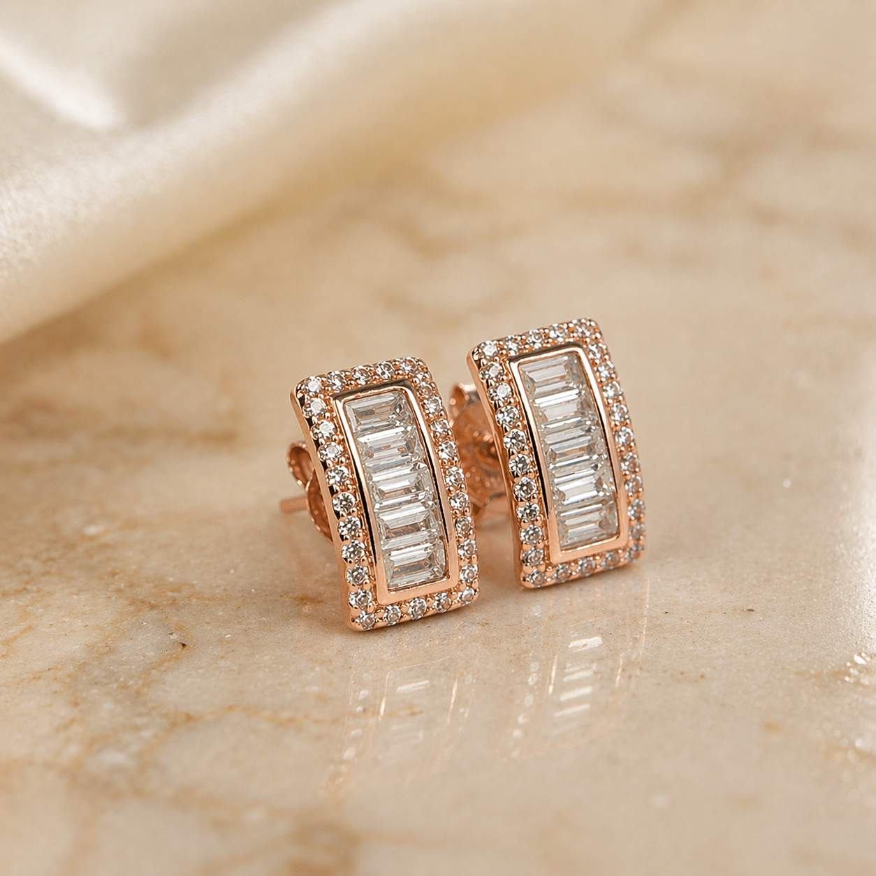 Rose Gold Baguette Zircon Stud Earrings With 925 Sterling Silver