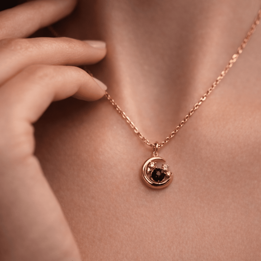 Crescent Moon Blue Stone Pendant With Chain In 925 Sterling Silver With Rose Gold Plating