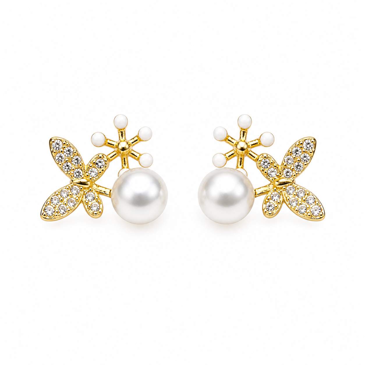 925 Sterling Silver With 22k Gold Plated Floral Pearl Stud Earrings
