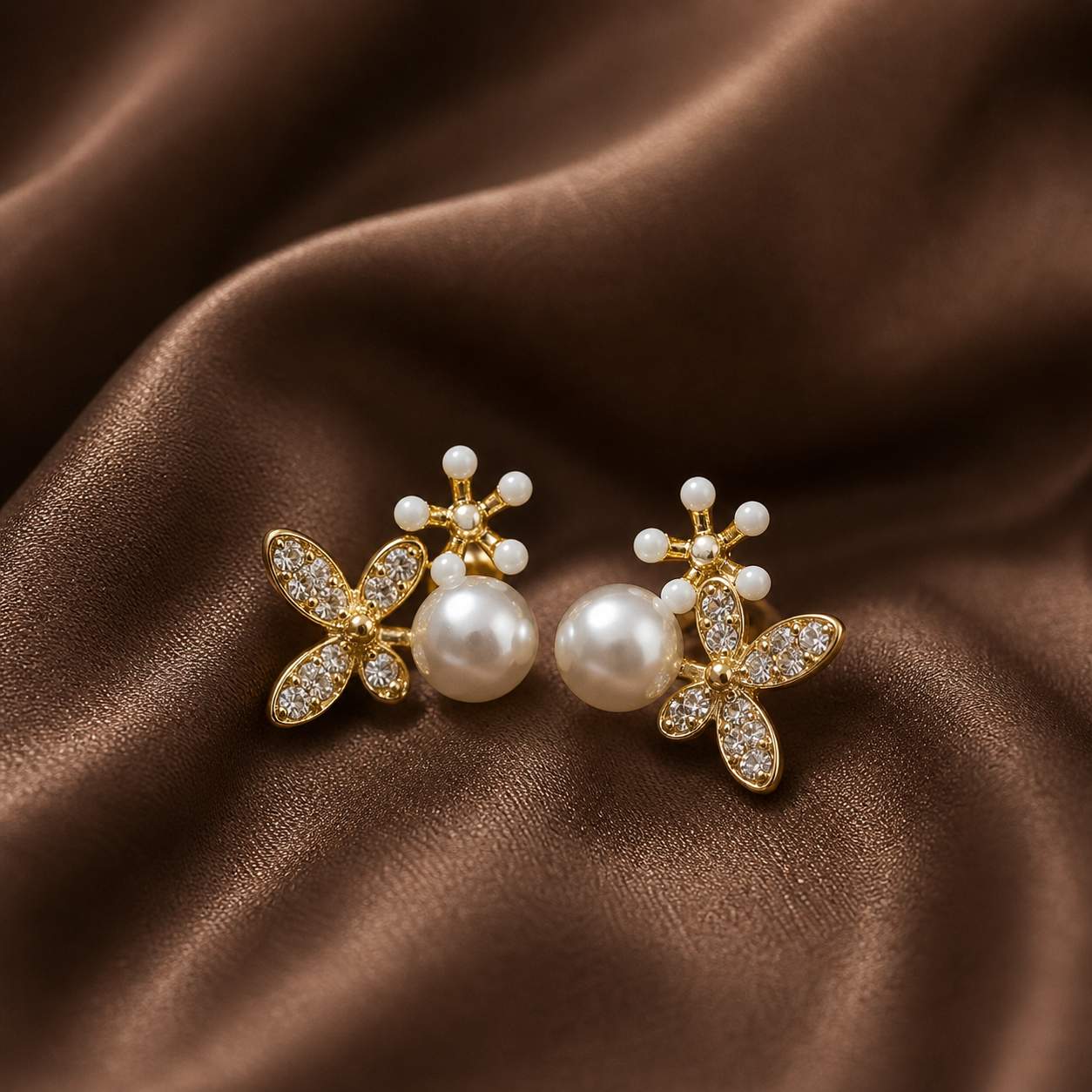 925 Sterling Silver With 22k Gold Plated Floral Pearl Stud Earrings