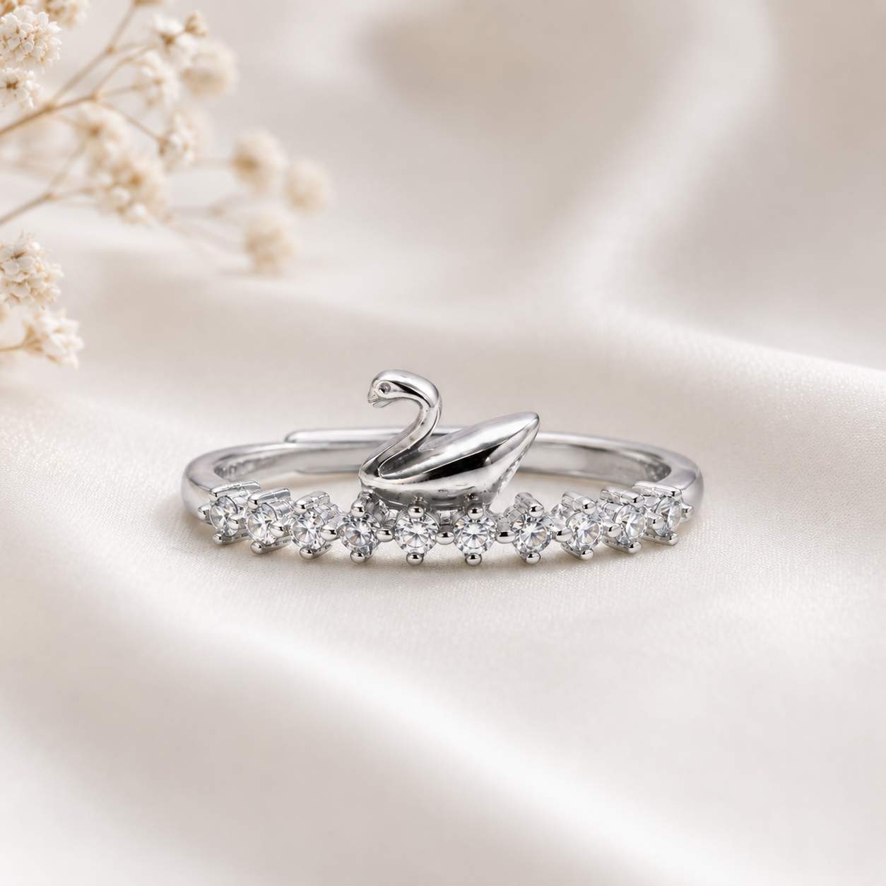 925 Sterling Silver Swan Crystal Adjustable Ring