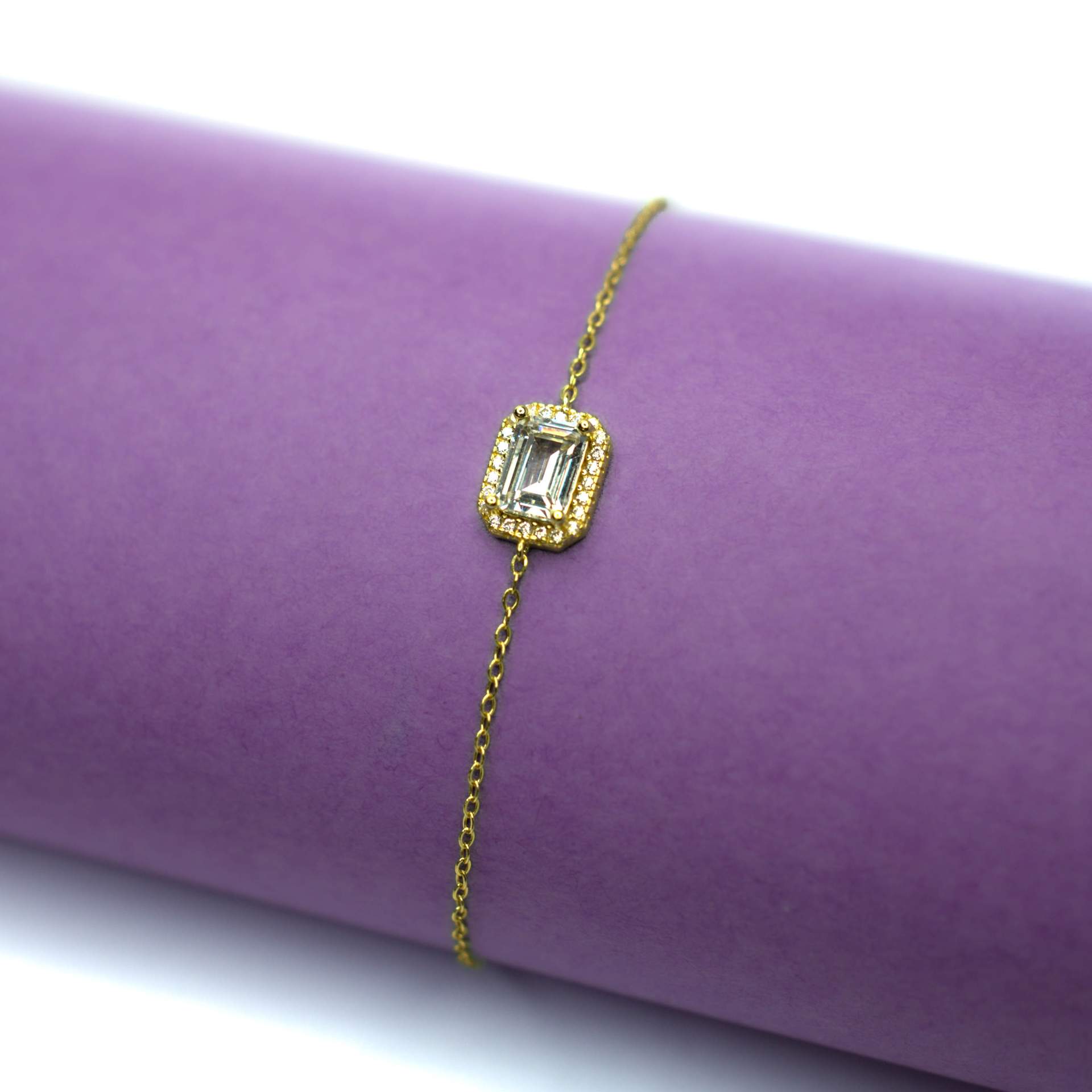 925 Sterling Silver With 22k Gold Plated Emerald Cut Halo Bracelet