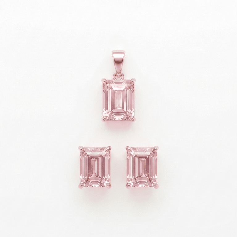 925 Sterling Silver With Rose Gold Plated Pink Stone Pendant & Earrings Jewellery Set For Women