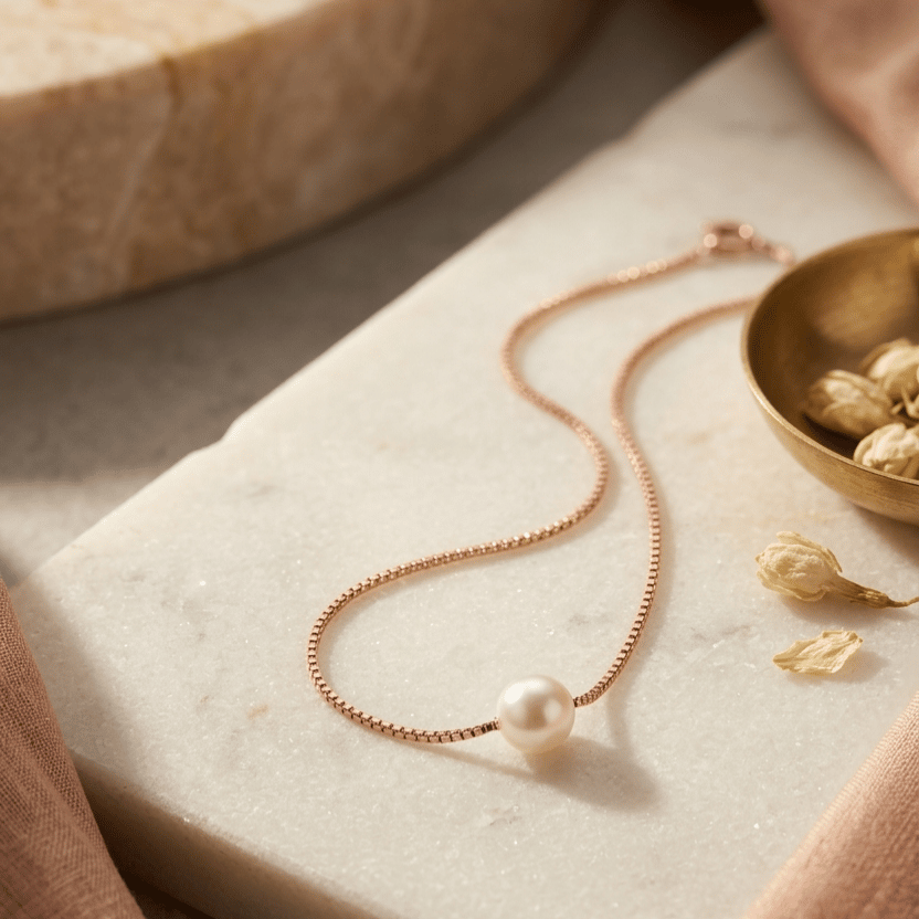 Luna Pearl Rose Gold Necklace With Chain With 925 Sterling Silver