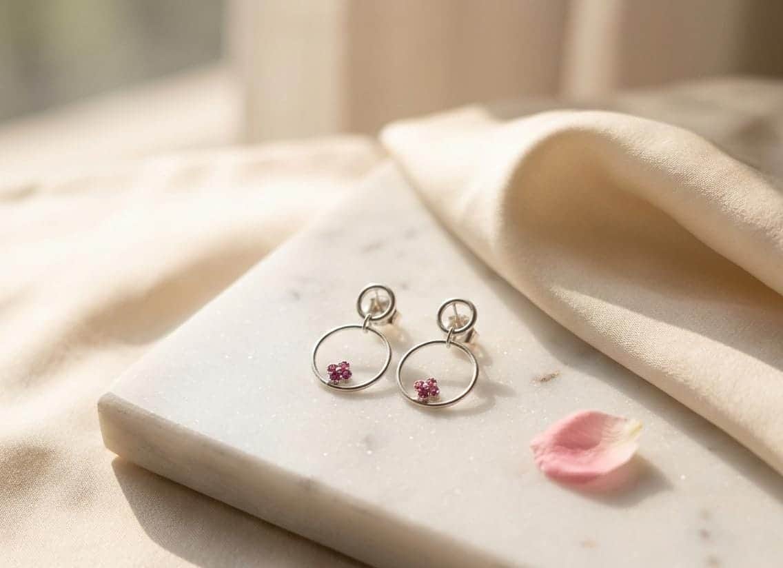 925 Sterling Silver Elegant Finish Pink Floral Circle Drop Earring