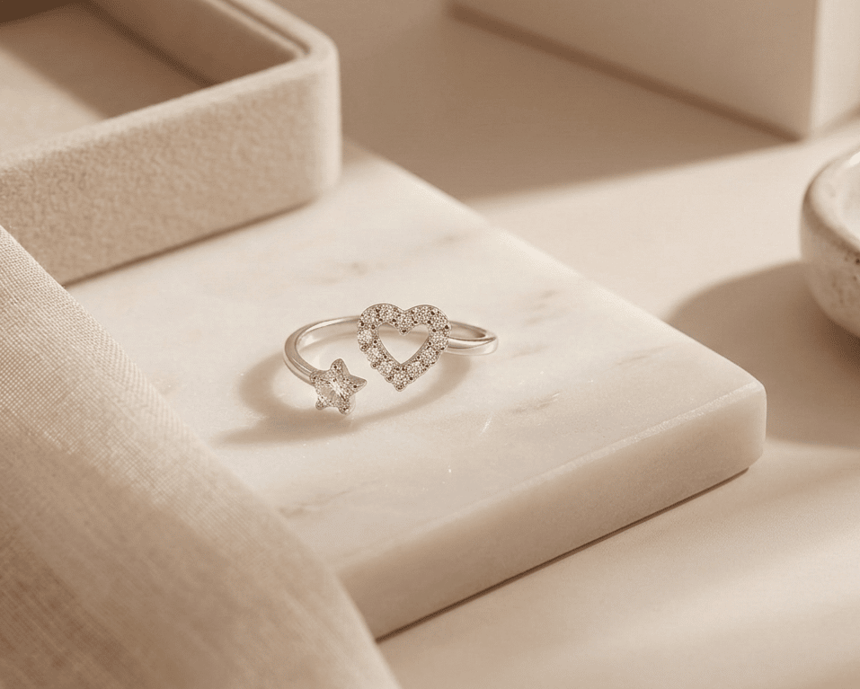 925 Sterling Silver Heart Zircon Adjustable  Ring
