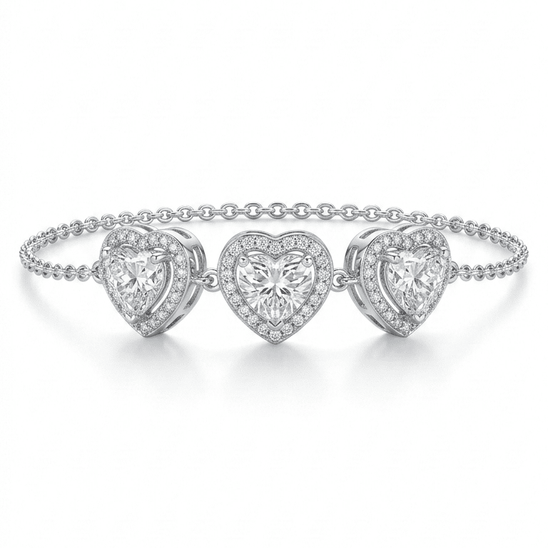 925 Sterling Silver Triple Heart Cz Jewellery Bracelet