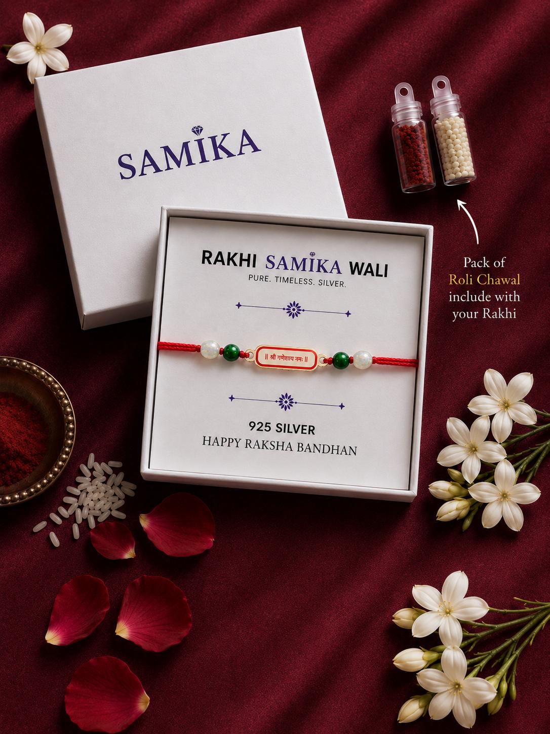 925 Sterling Silver Shri Ganpati Blessing Designer Rakhi With Roli-Chawal Set