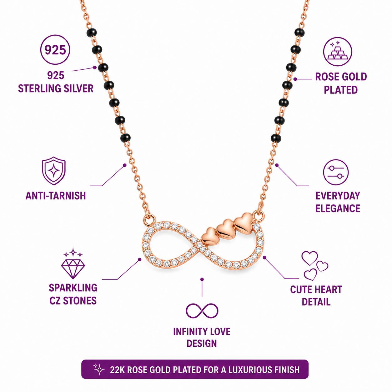 926 Sterling Silver Rose Gold Plated Infinity Hearts Mangalsutra - Image 4