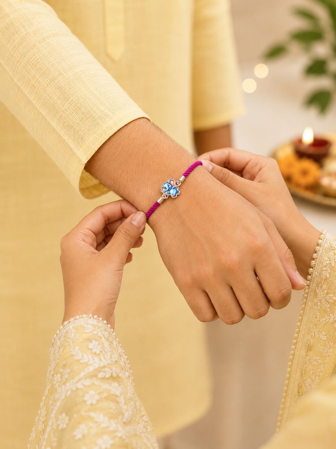 925 Sterling Silver Elephant Designer Kids Rakhi With Roli-Chawal Set - Image 2