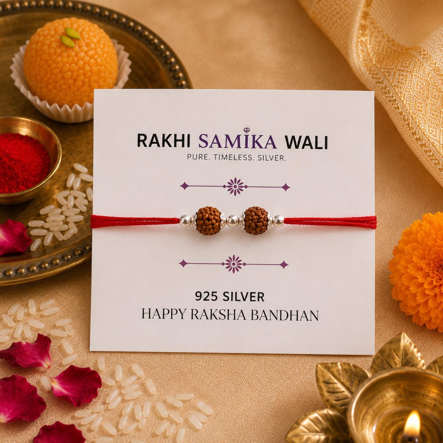 925 Sterling Silver Twin Rudraksha Bead Rakhi - Image 4