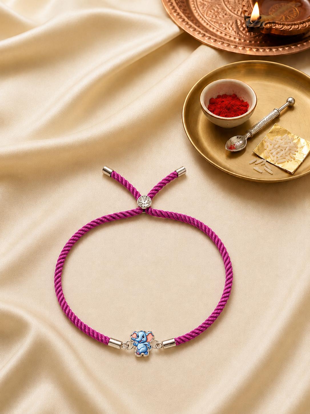 925 Sterling Silver Elephant Designer Kids Rakhi With Roli-Chawal Set - Image 4