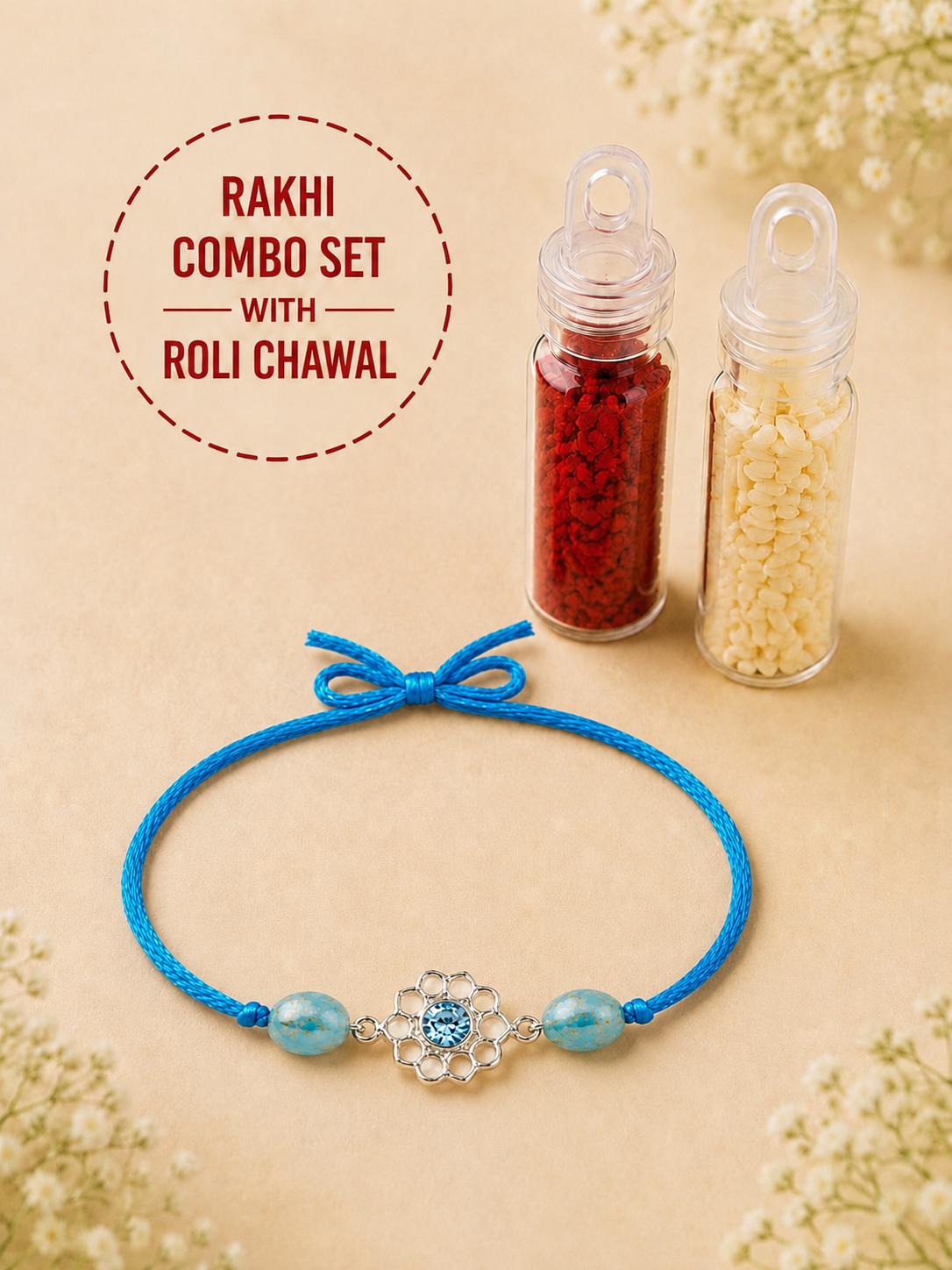 925 Sterling Silver Blue Crystal Floral Designer Rakhi With Roli-Chawal Set