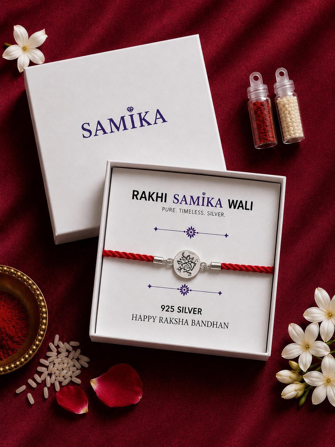 925 Sterling Silver Traditional Floral Design Rakhi With Roli-Chawal Set