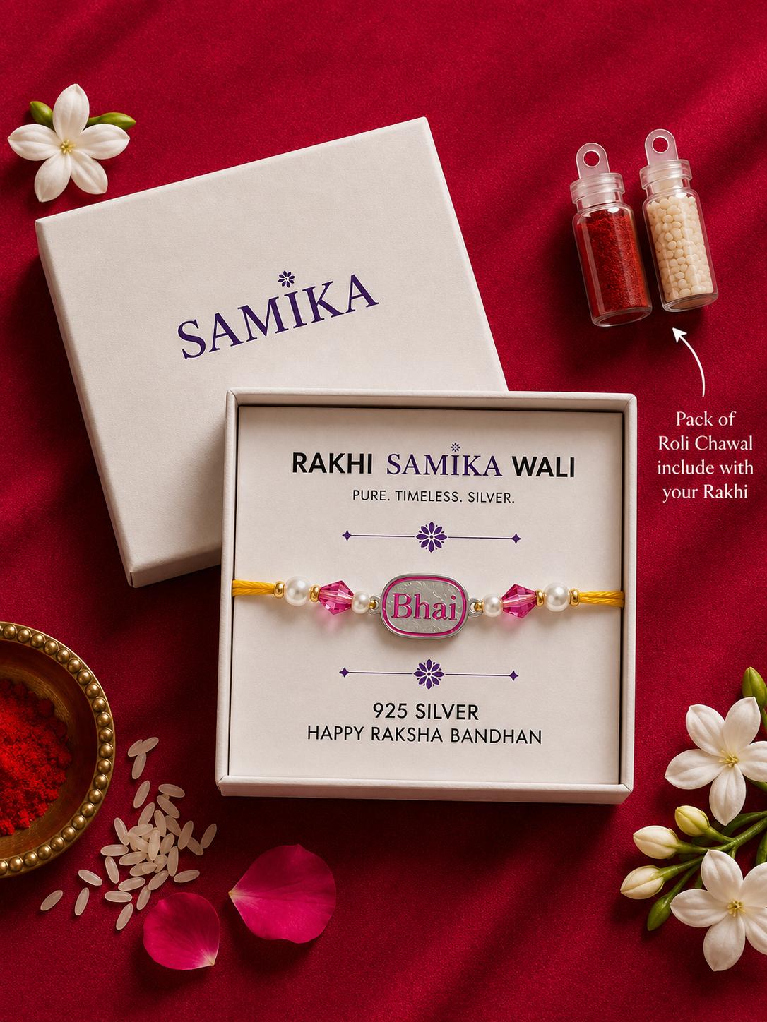 925 Sterling Silver Bhai Designer Rakhi With Roli-Chawal Set - Image 3