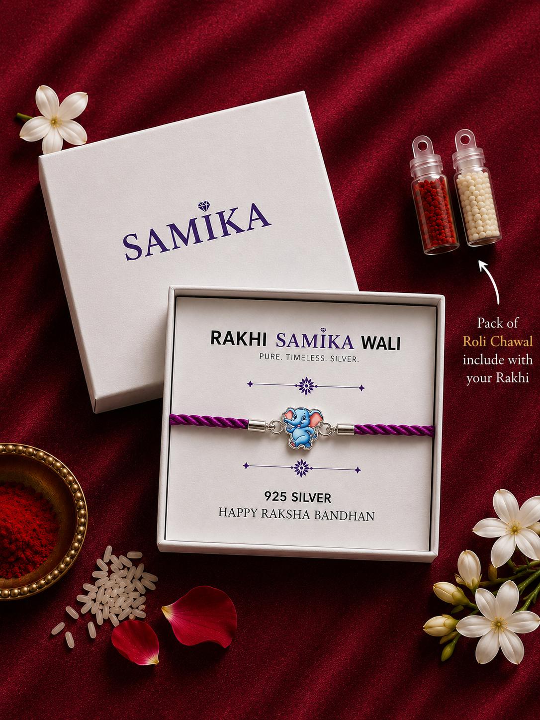 925 Sterling Silver Elephant Designer Kids Rakhi With Roli-Chawal Set - Image 3