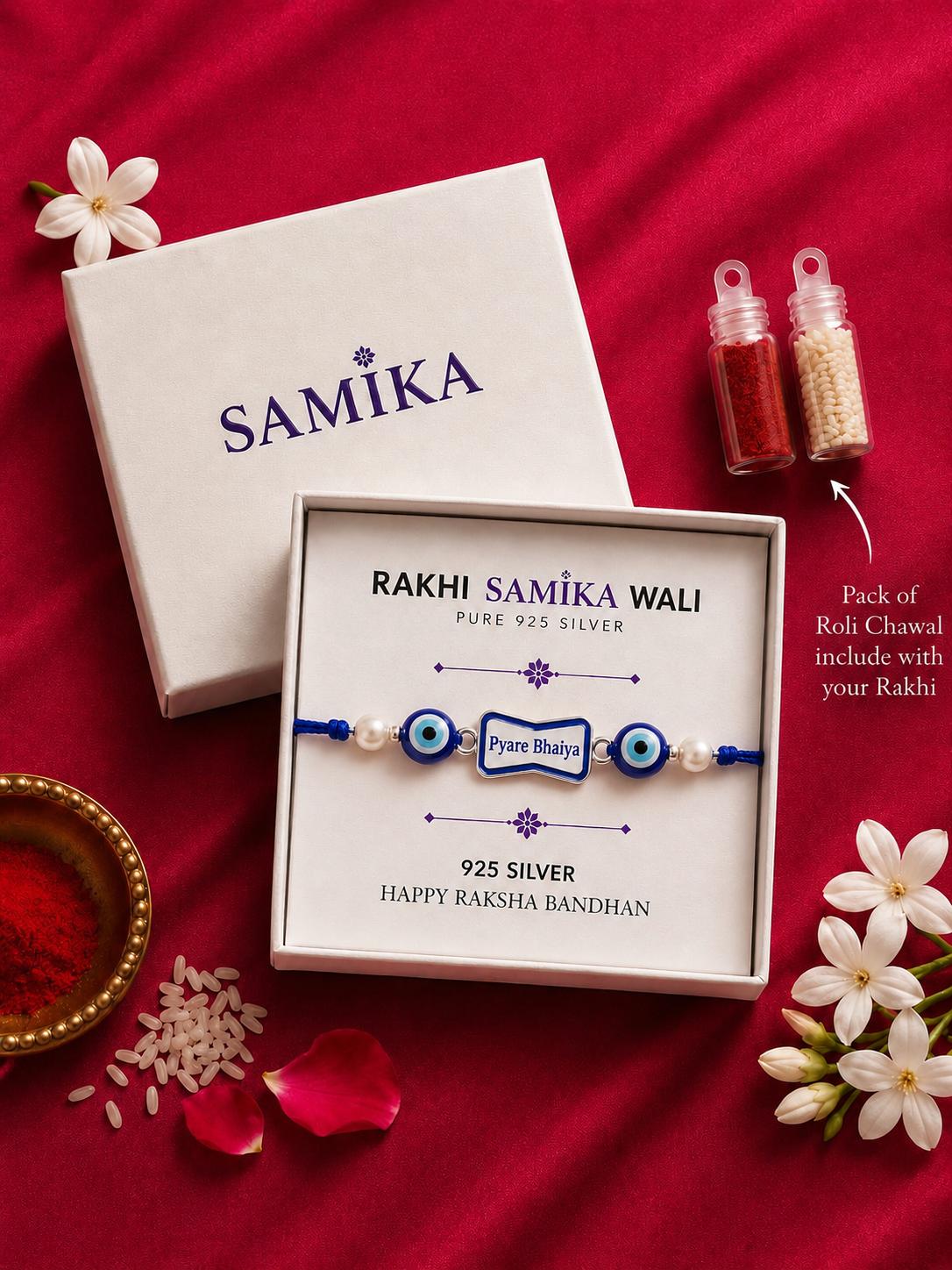 925 Sterling Silver Pyare Bhaiya Designer Rakhi With Roli-Chawal Set