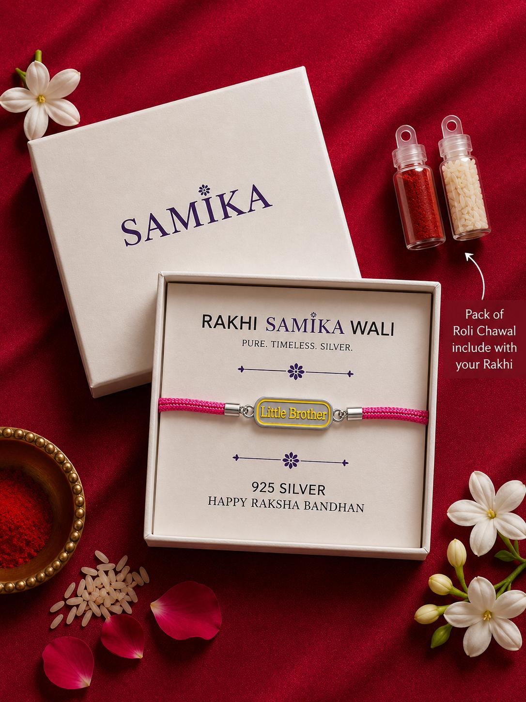 925 Sterling Silver Little Brother Designer Rakhi With Roli-Chawal Set