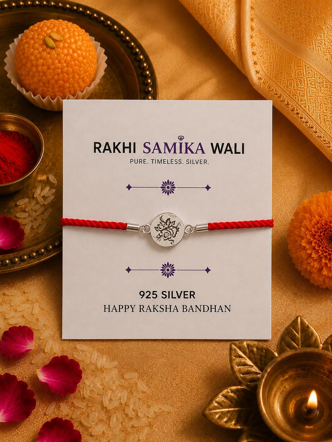 925 Sterling Silver Traditional Floral Design Rakhi With Roli-Chawal Set - Image 6