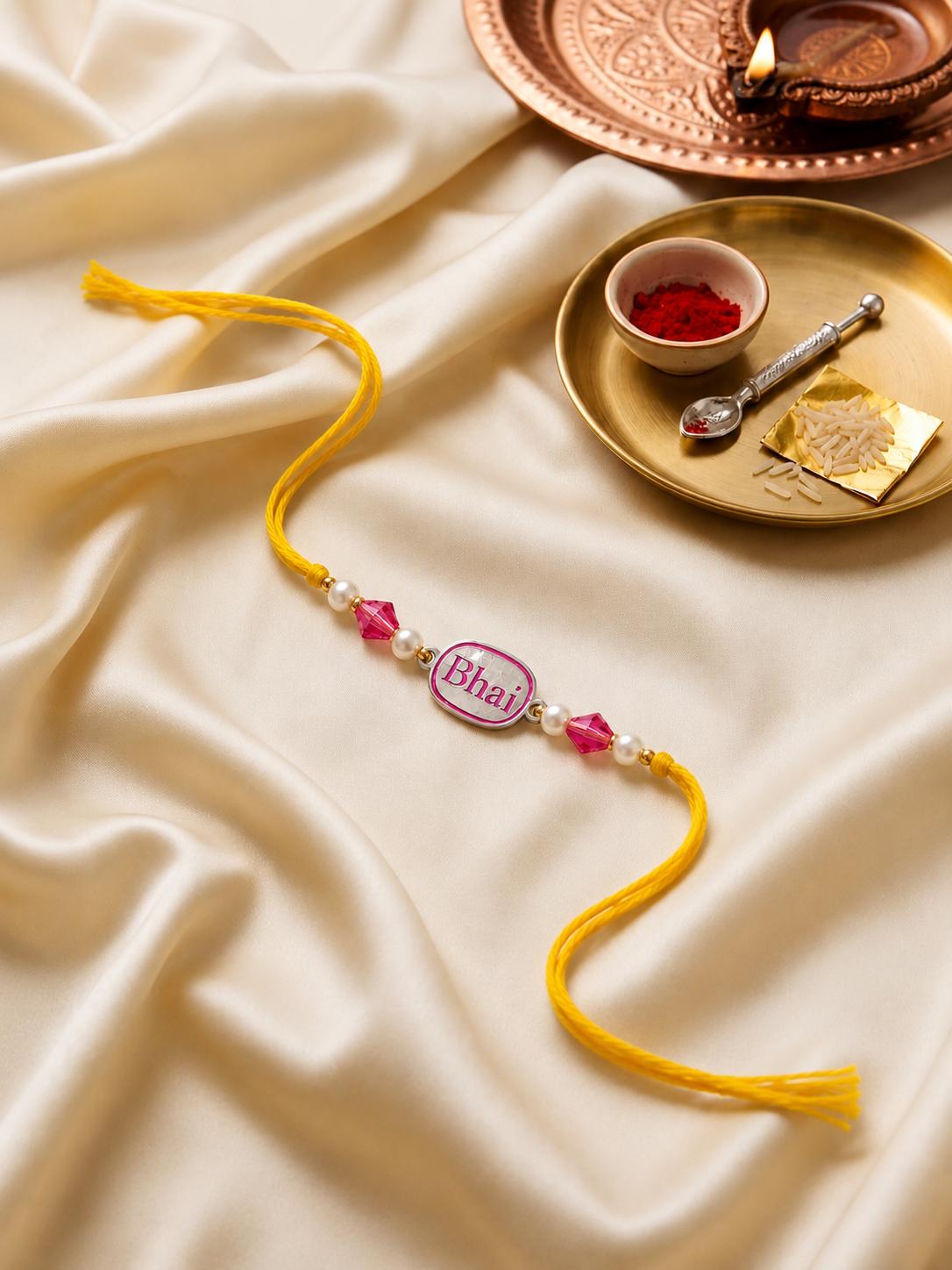 925 Sterling Silver Bhai Designer Rakhi With Roli-Chawal Set - Image 4