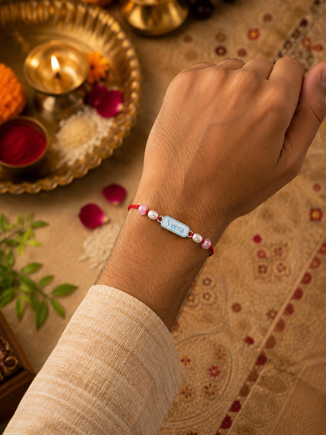 925 Sterling Silver Veera Designer Rakhi With Roli-Chawal Set - Image 2