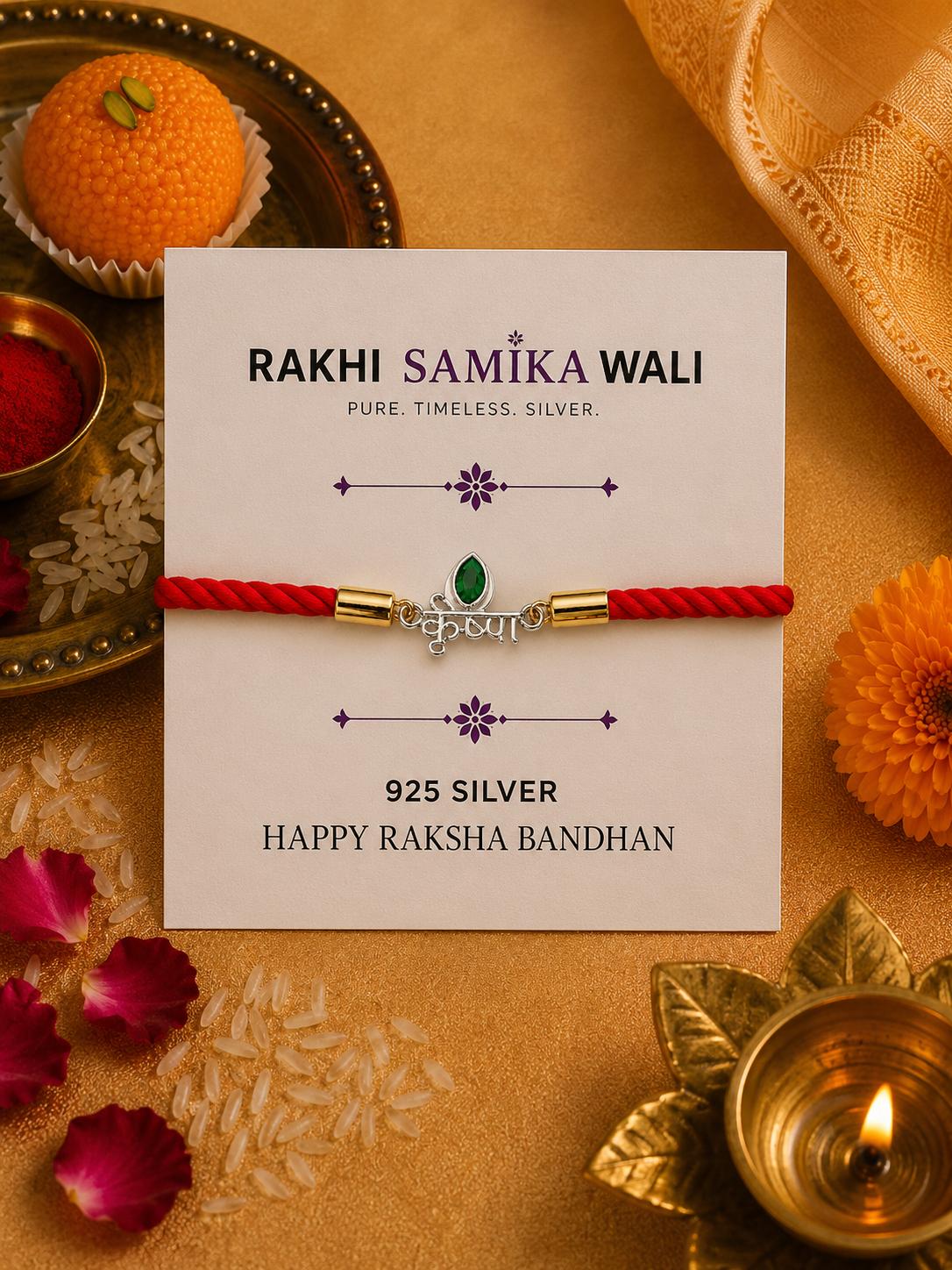 925 Sterling Silver Krishna Designer Rakhi With Roli-Chawal Set - Image 5