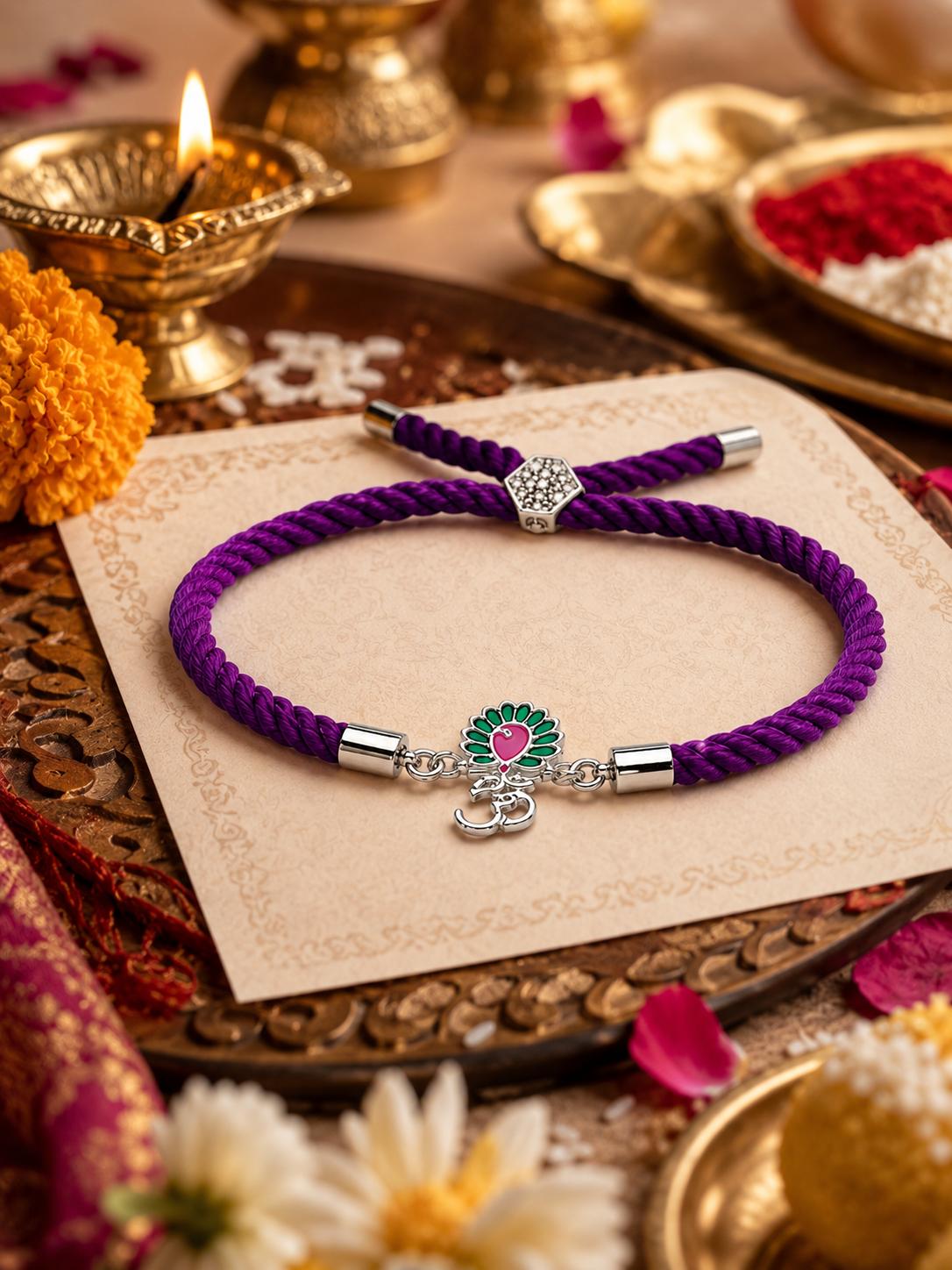 925 Sterling Silver Traditional Om Morpankh Rakhi With Roli-Chawal Set - Image 4