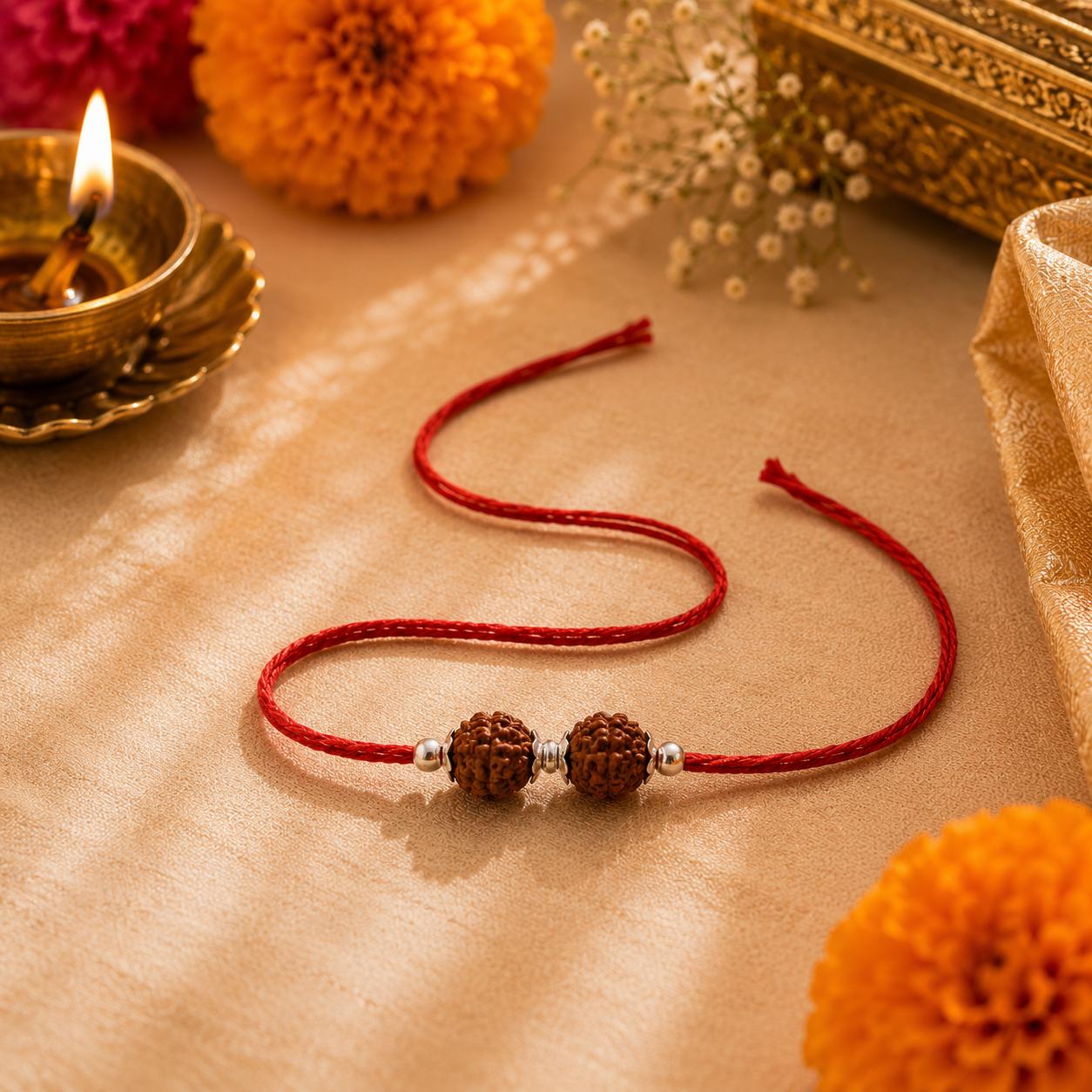 925 Sterling Silver Twin Rudraksha Bead Rakhi - Image 6