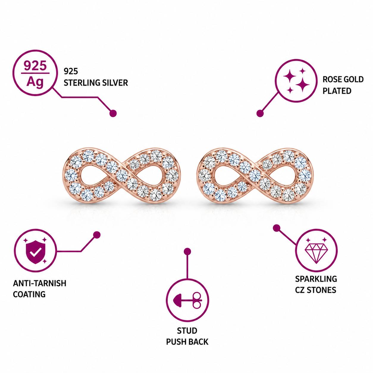 Sparkle Infinity Rose Gold Stud Earrings With 925 Sterling Silver - Image 3