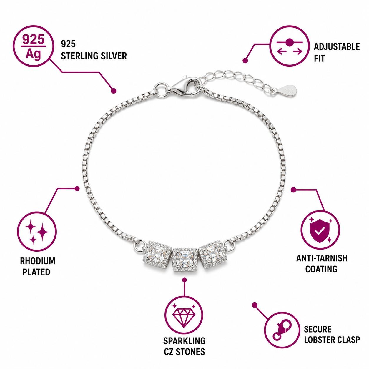 925 Sterling Silver Cushion Cut Square Halo Studs Bracelet - Image 4