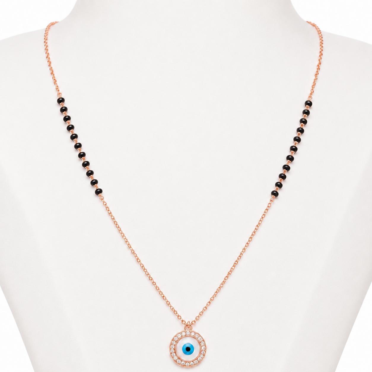 925 Sterling Silver Rose Gold Plated Evil Eye Crystal Mangalsutra Necklace - Image 3