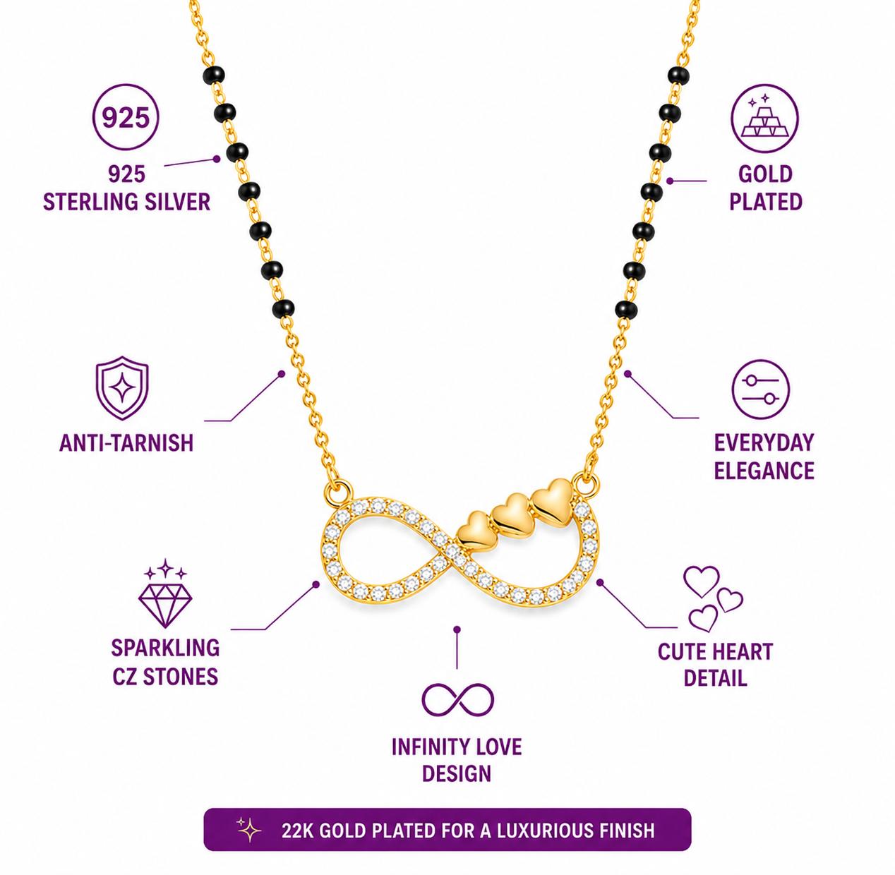 925 Sterling Silver Gold Plated Infinity Hearts Mangalsutra - Image 4