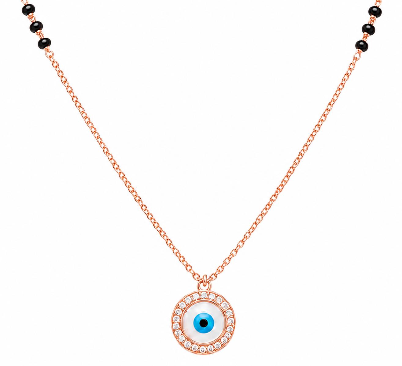 925 Sterling Silver Rose Gold Plated Evil Eye Crystal Mangalsutra Necklace