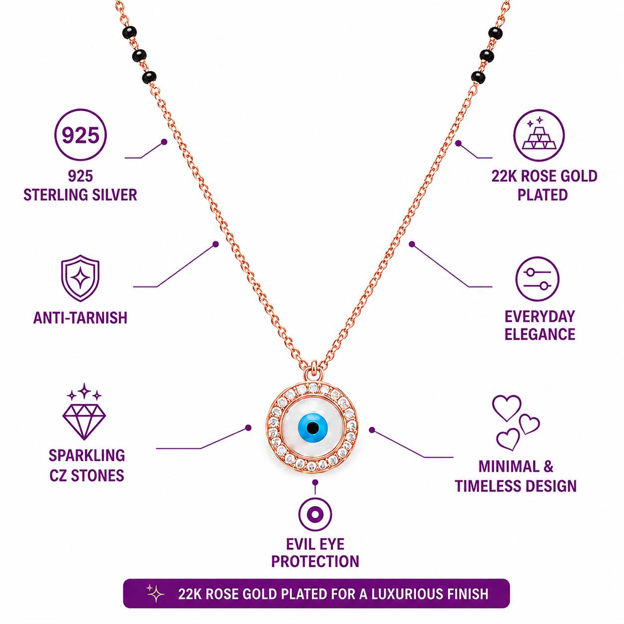 925 Sterling Silver Rose Gold Plated Evil Eye Crystal Mangalsutra Necklace - Image 4