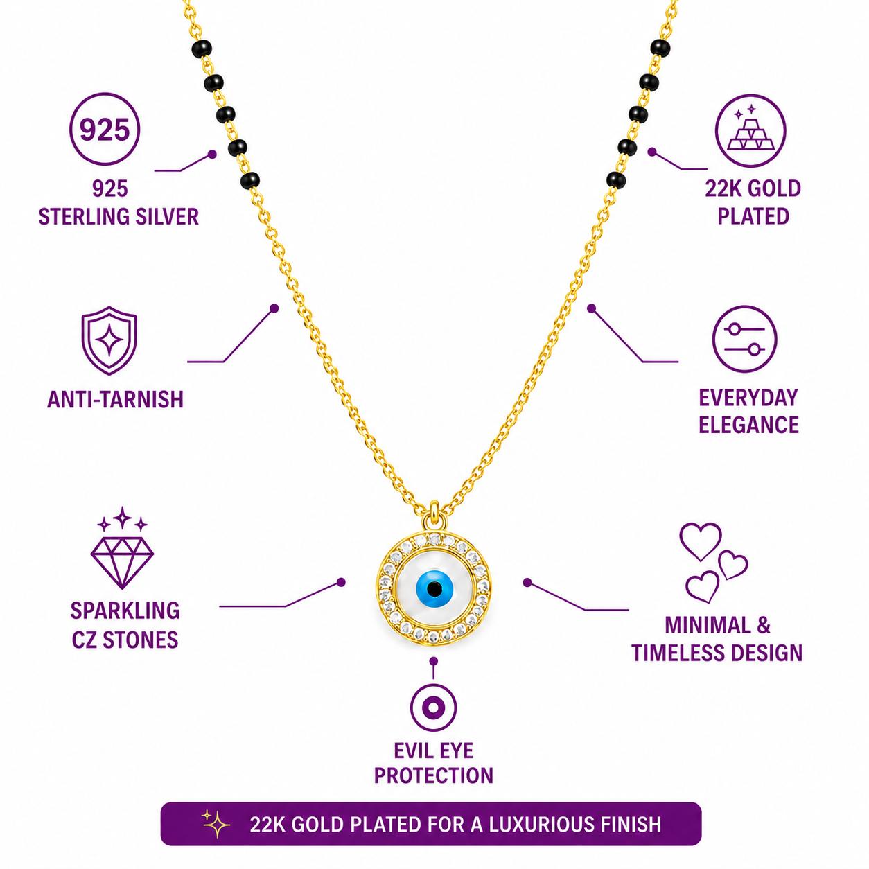 925 Sterling Silver Gold Plated Evil Eye Crystal Mangalsutra Necklace - Image 4