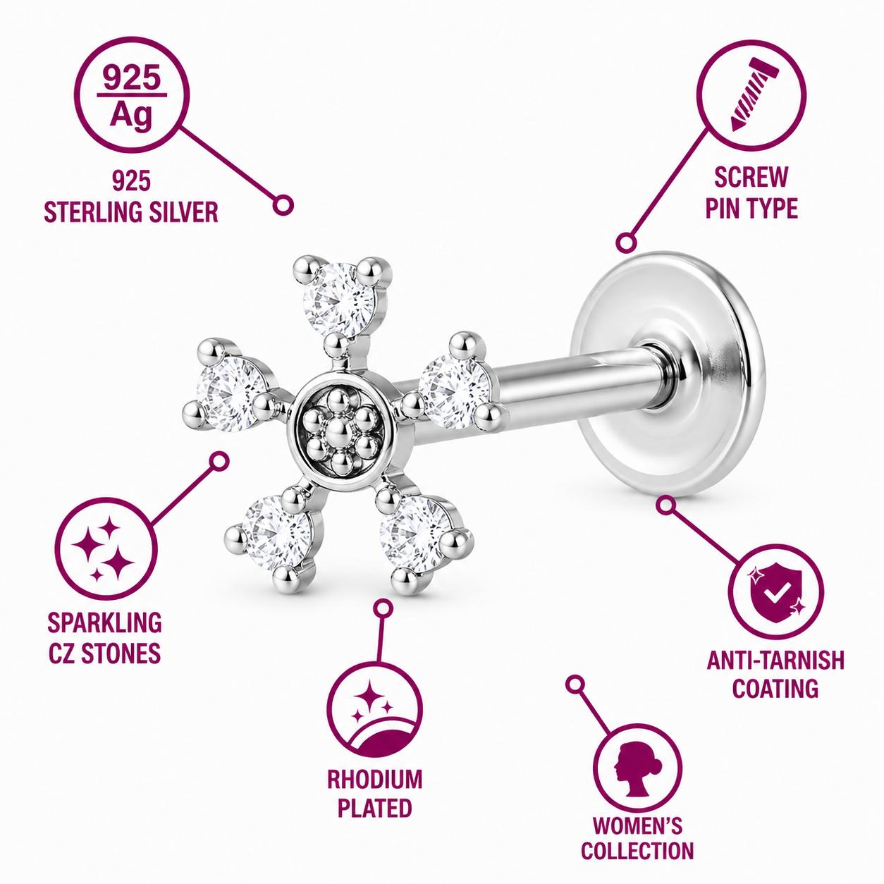 925 Sterling Silver Snowflake Stone Earrings - Image 12
