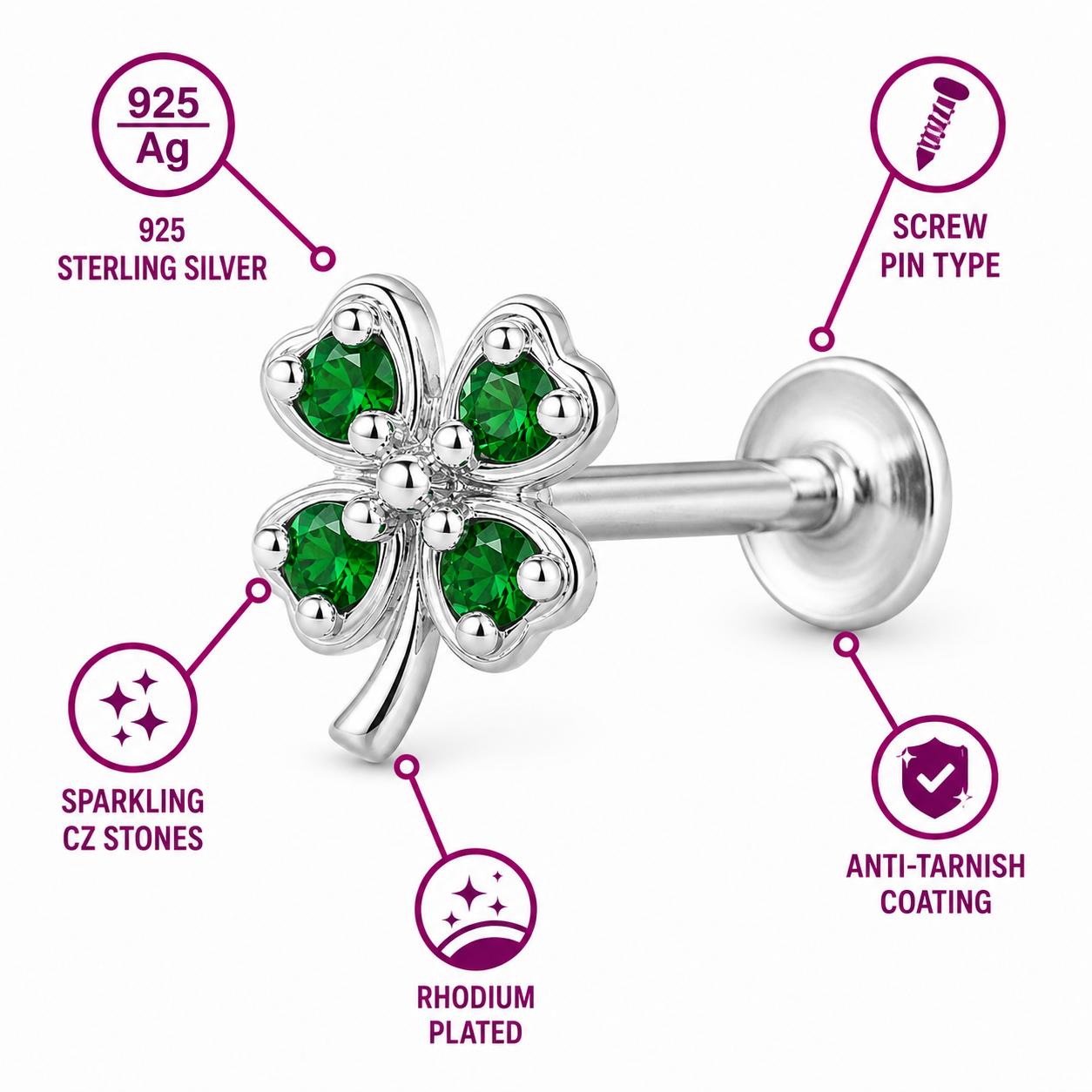 925 Sterling Silver Four Leaf Clover Earrings - Image 12