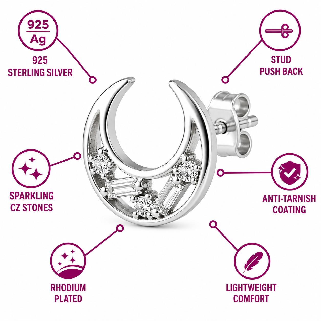925 Sterling Silver Finish Crystal Moon Stud Earring - Image 5