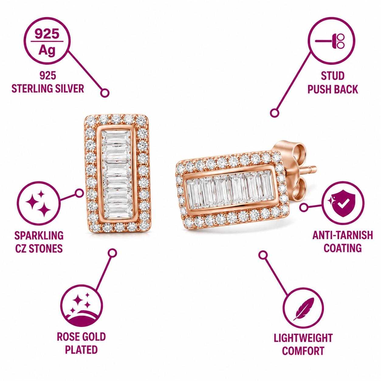 Rose Gold Baguette Zircon Stud Earrings With 925 Sterling Silver - Image 4