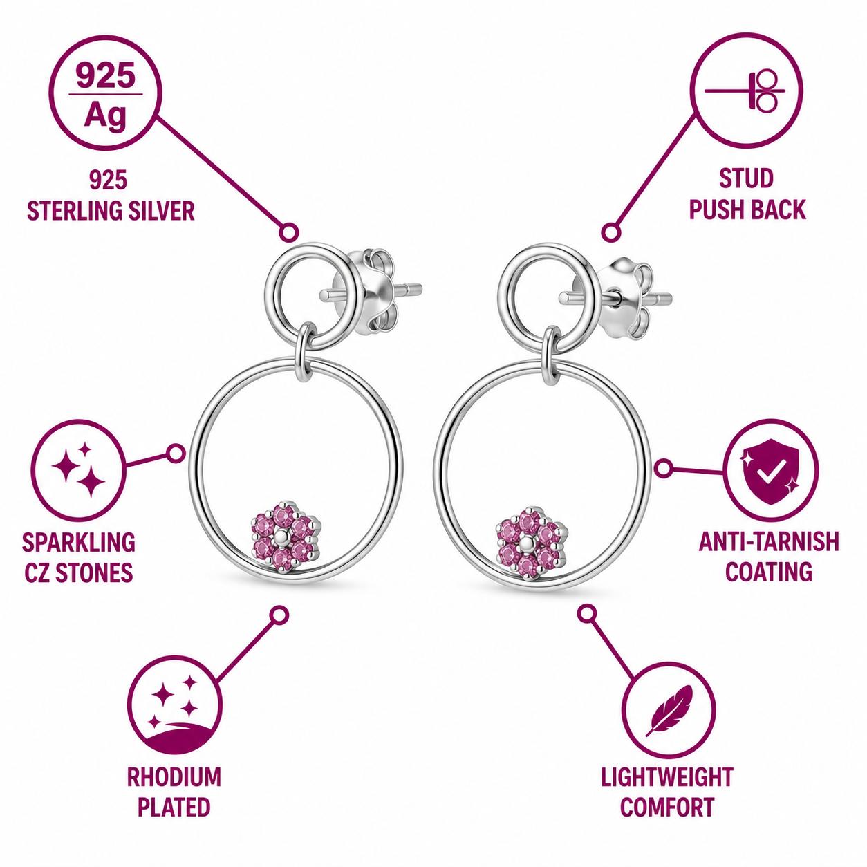 925 Sterling Silver Elegant Finish Pink Floral Circle Drop Earring - Image 4