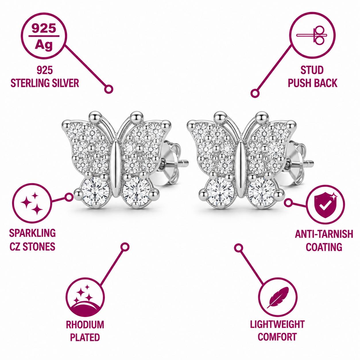 925 Sterling Silver Finish Crystal Mini-Butterfly Stud Earring - Image 5