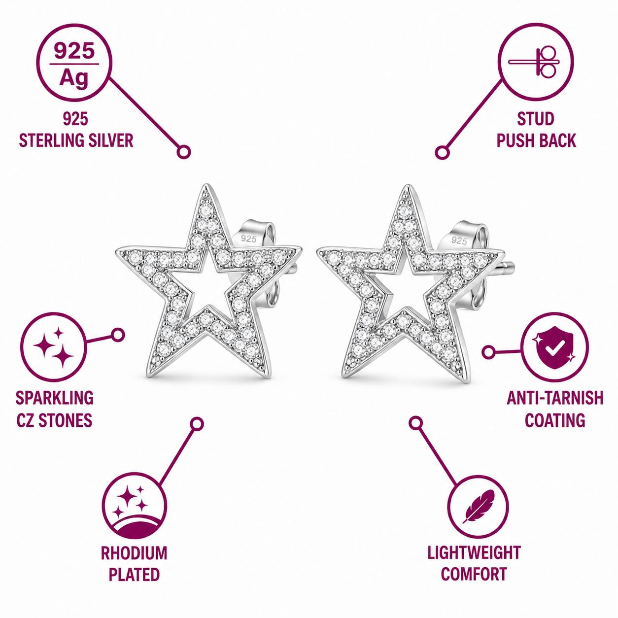 925 Sterling Silver Finish Crystal Star Stud Earring - Image 4