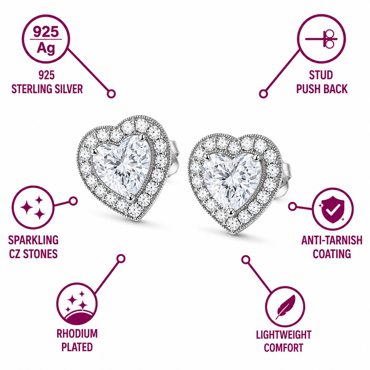 925 Sterling Silver Heart-Shaped Halo Jewellery Earrings - Image 4